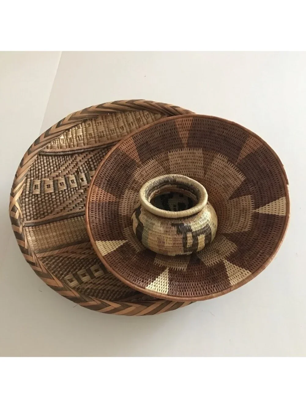 Vintage Handwoven Basket Mixed Lot Tonga Two Tone Coiled Mini Tribal Boho Native